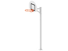 Outdoor ground-bolted basketball goal, projection 0.6m, adjustable ring height 3.05m or 2.6m.